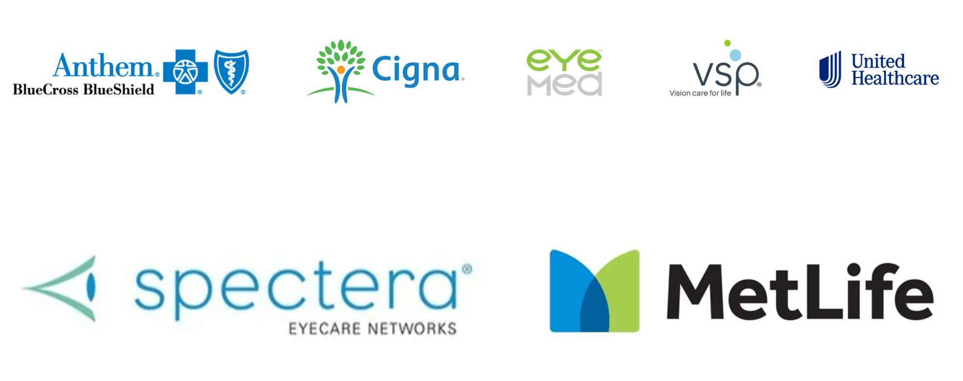 Anthem Blue Cross Blue Shield, Cigna, EyeMed, VSP, UnitedHealthcare, Spectera, and MetLife logos